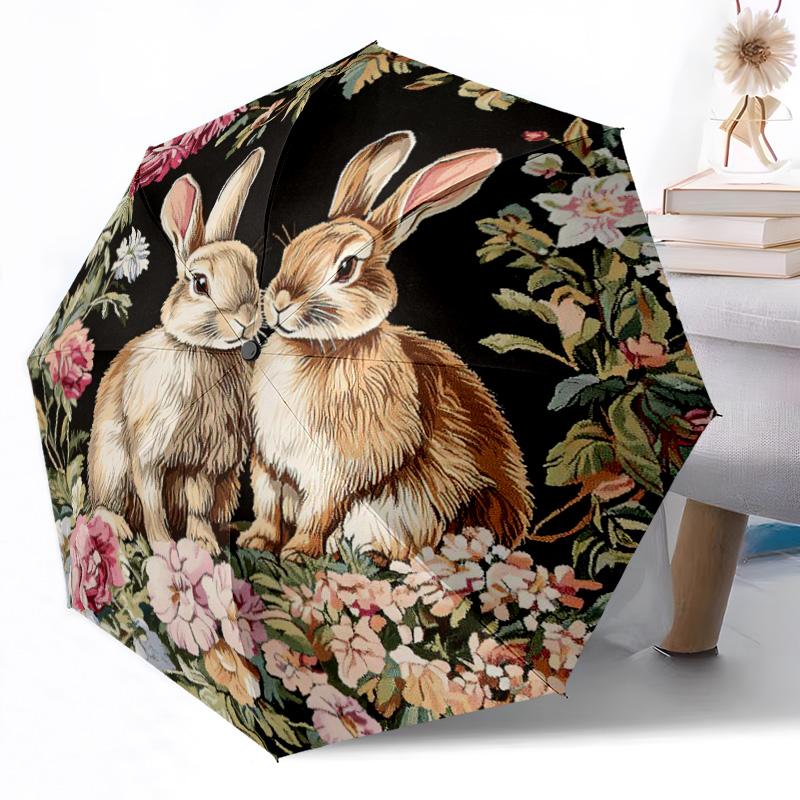 Rabbits Automatic Umbrella Compact 8-Rib Design Durable Plastic & Iron Travel Essential Fashionable Accessory Gift for Festivals