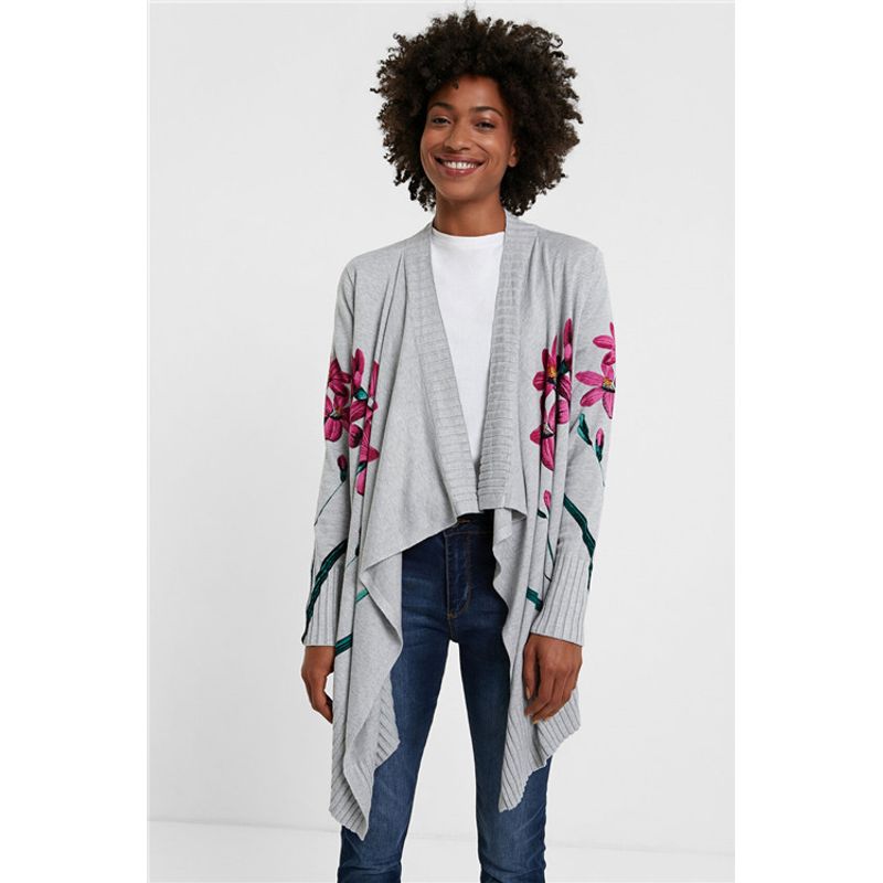 

Foreign Trade Overplus Order Print Knitted Shawl Cardigan Mid-Length Light gray 2XL