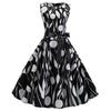 Retro Supply, Round Neck Sleeveless Striped Print Black Ribbon Waist Swing Skirt Five Colors