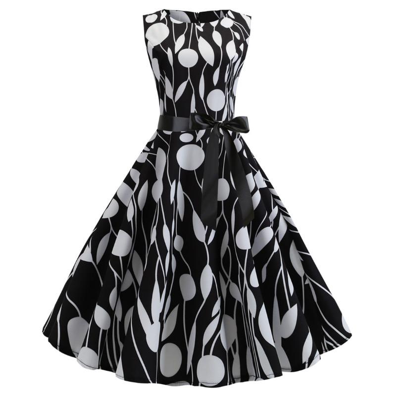 Retro supply, round neck sleeveless striped print black ribbon waist swing skirt five colors