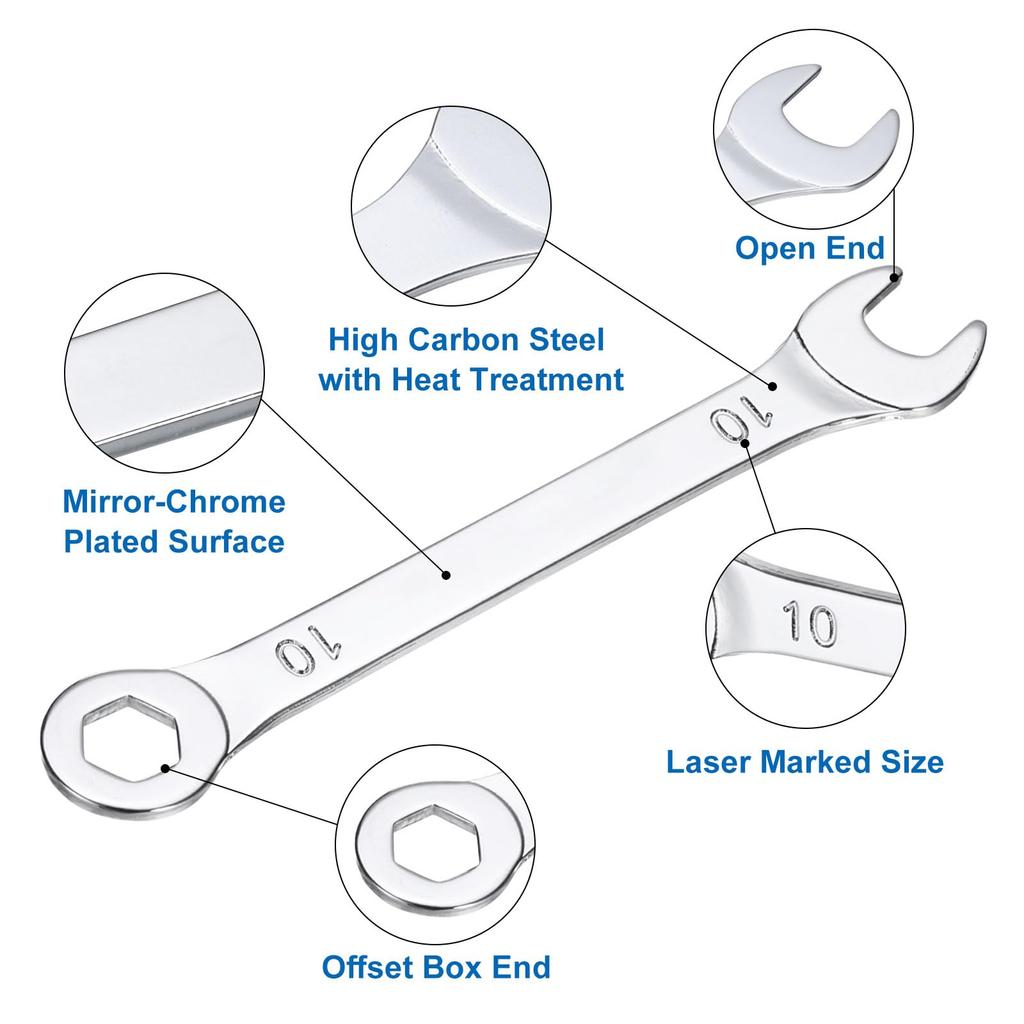 uxcell 10pcs 10mm Combination Ratchet Thin Type with Offset End and Angled Open Multifunctional Metric Mirror Chrome Plated High Carbon Steel Spanner