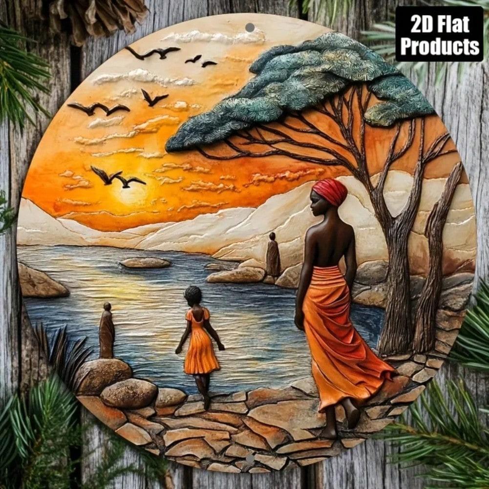 Iron Wall Art Sunset Lake Landscape Orange Dress Figure Home Decor 20x20