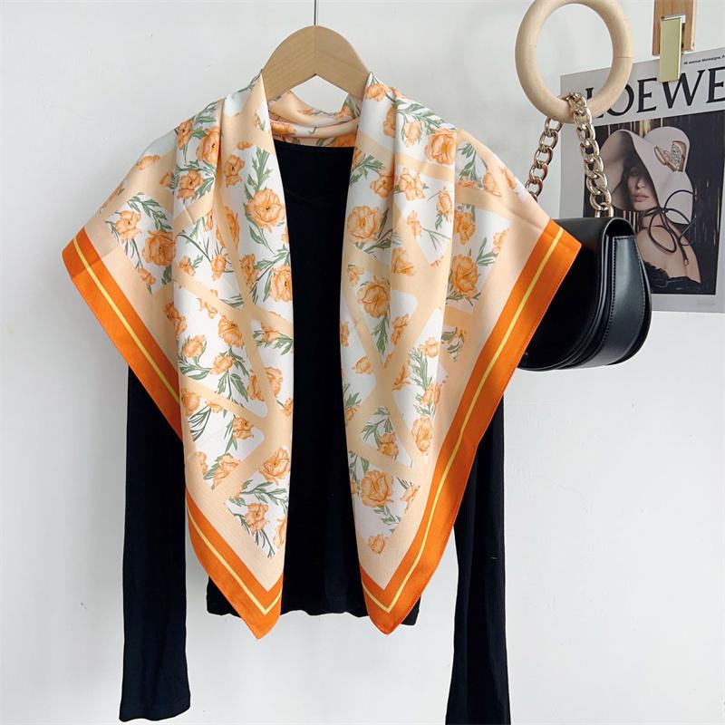 Spain Fashion Cross Plaid Floral Square Silk Scarf Women High Quality Print Soft Shawls and Wraps Bufandas Muslim Hijab 90*90Cm