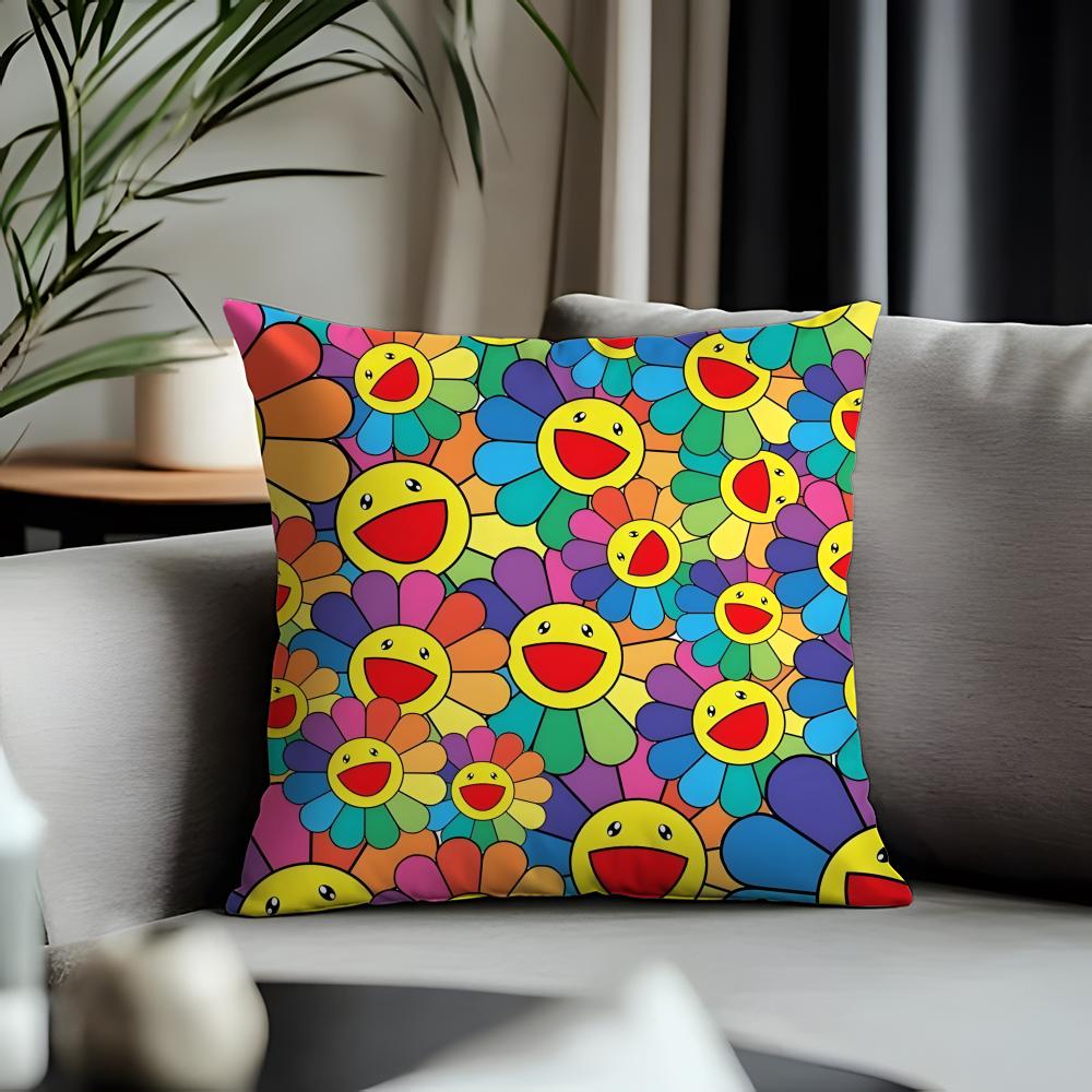 Fashion TTtakashi Murakamiful Cushion Cover Antidustmite Pillowcase Invisible Zipper Silky Short Plush Sofa Cushion Cover