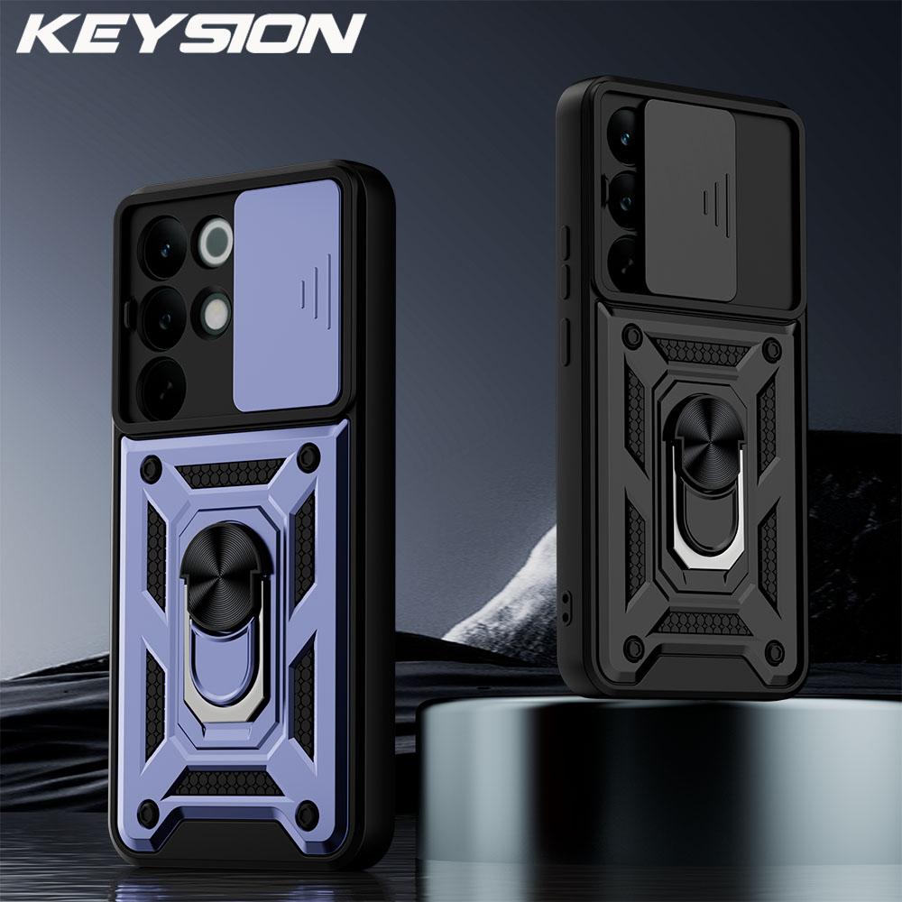 KEYSION Shockproof Armor Case for Realme C85 5G Slide Camera Lens Protection Ring Stand Phone Back Cover for OPPO Realme C85 Pro