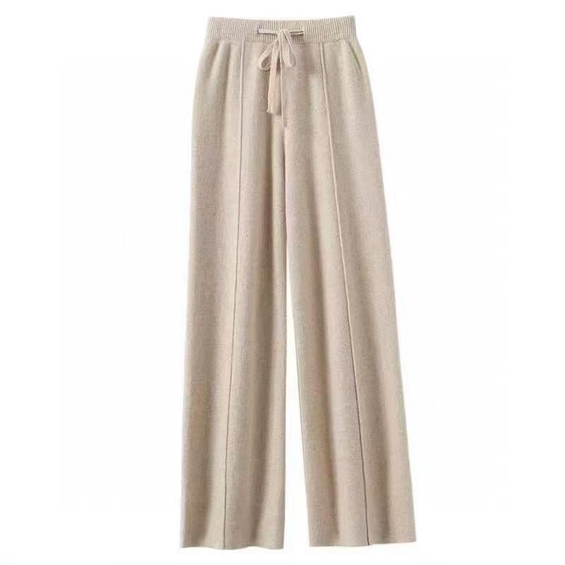 Women's High-Waisted Wide-Leg Knit Pants - Warm, Thick, Casual Floor-Length with Drawstring