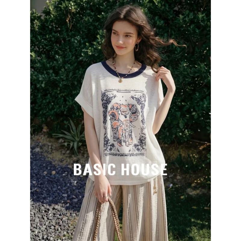 Basic House Women s Round Neck Print Short Sleeve T-Shirt M