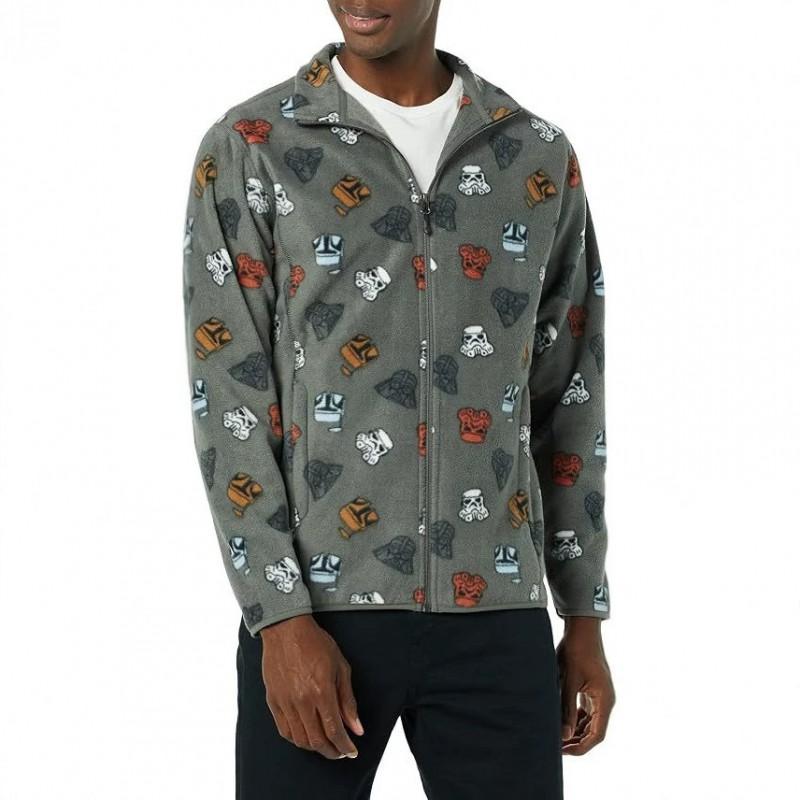 Mens Fleece Zip-Up Hoodless Jacket Cartoon Print Regular Fit Teens Casual Wear