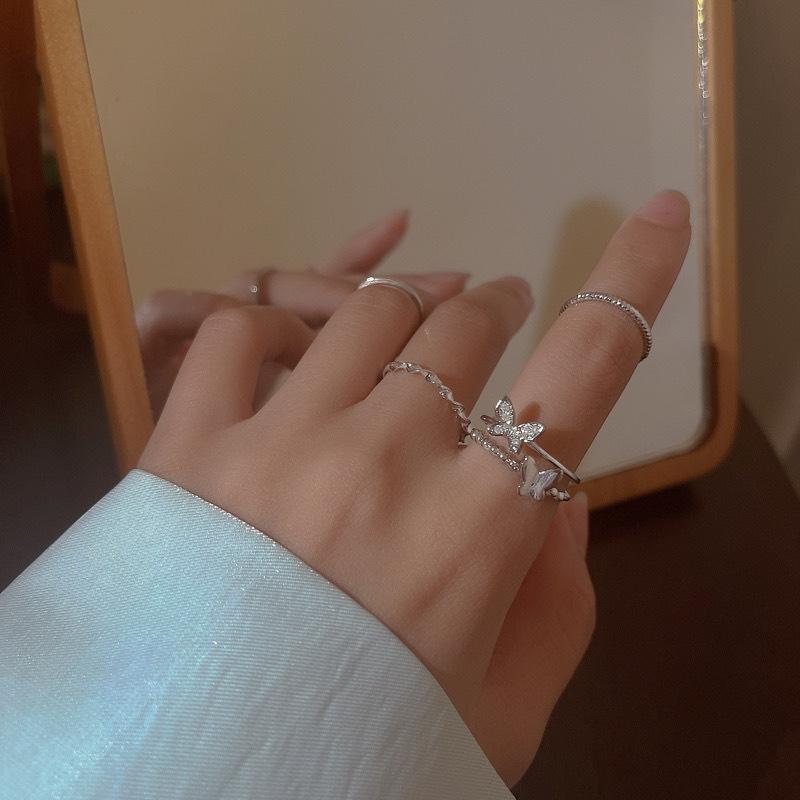 4PCS Plain Circle Butterfly Ring Set Silver Color Opening Adjustable Fashion Personalized Finger Ring For Women Trendy Jewelry