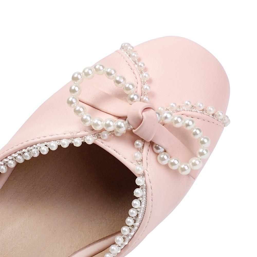 Fashion Spring Autumn Women Low Heels Mary Jane Pumps Party Wedding White Pink Beige String Bead Bow Princess Cosplay Lolita Shoes 31-48