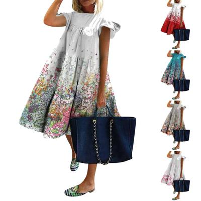 Women's Dress Flying Sleeves Floral Print Casual Loose Round Neck Long Dress