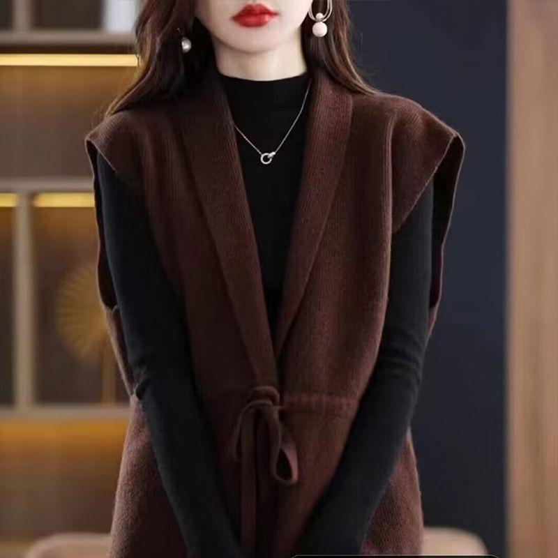 Vest vest women's autumn and winter new solid color V-neck cardigan sleeveless outer cardigan loose and versatile knitted women's vest
