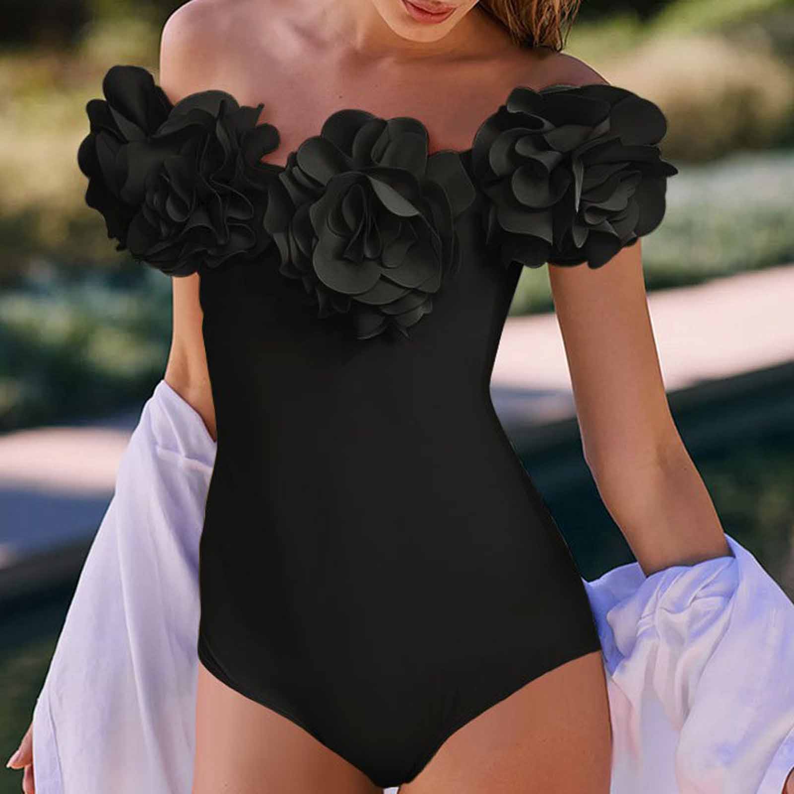 

Женский цельный купальник-комплект с юбкой в форме цветка, Элегантный пляжный купальник для отпуска, Летний купальник для курорта L чёрный