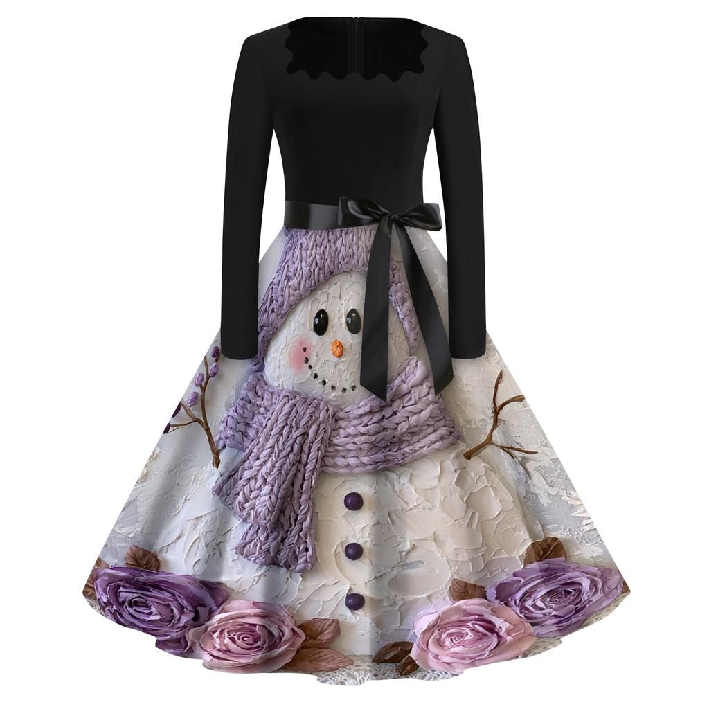 Women's Casual Retro Square Neck Dress with Halloween Print for Party and Daily Wear