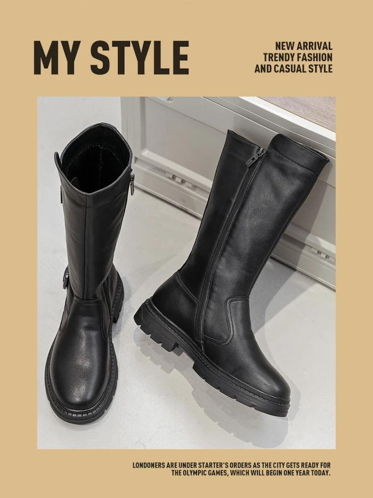 Winter high top men's leather and cowhide knight boots men's long boots thick soled long leg cowboy boots