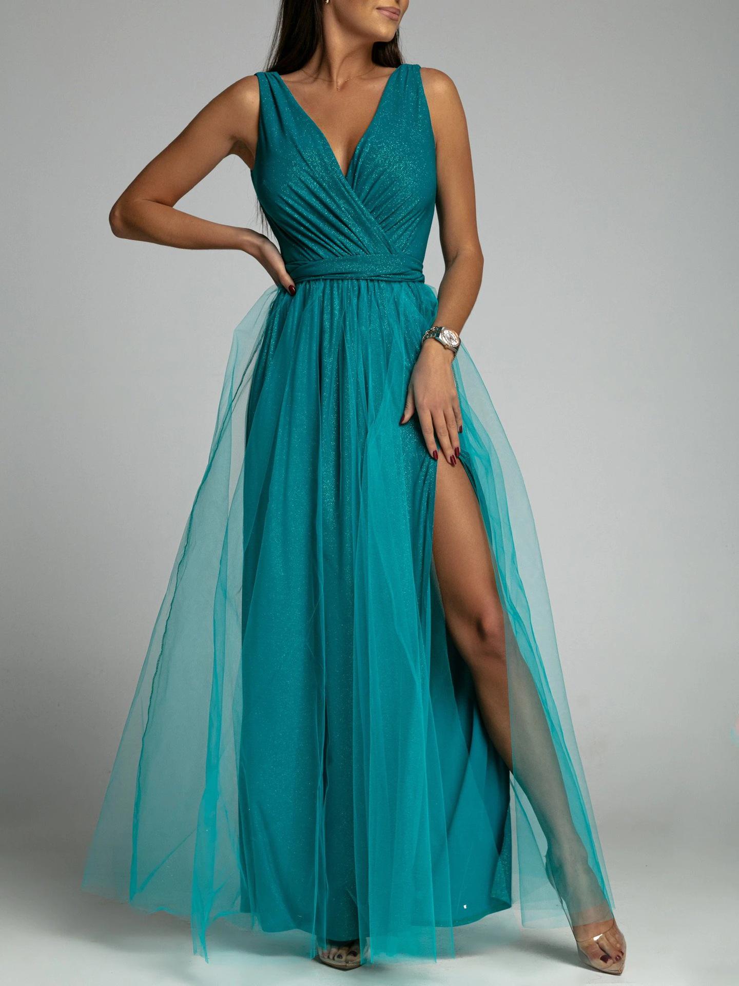 

2022 European-American V-Neck Waist-Cinching Slim Slit Swing Dress Medium зелёный