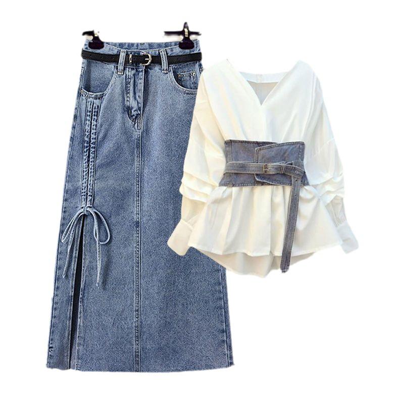 2024 Women's Large Size Autumn Two-Piece Set: Niche Waist Shirt with Denim Skirt