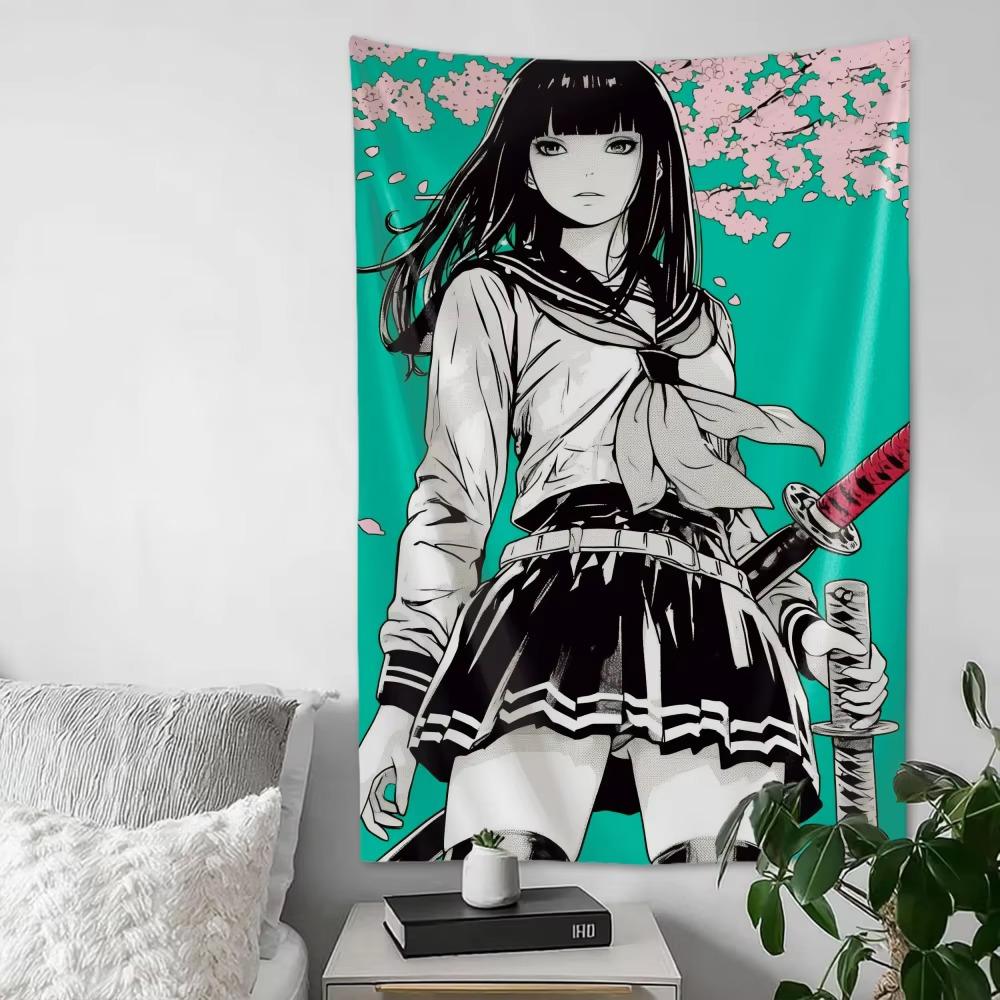 Samurai Anime Girl Japanese Tapestry, Aesthetic Wall Hanging Decor for Living Room Bedroom Room Art Decoration Gift
