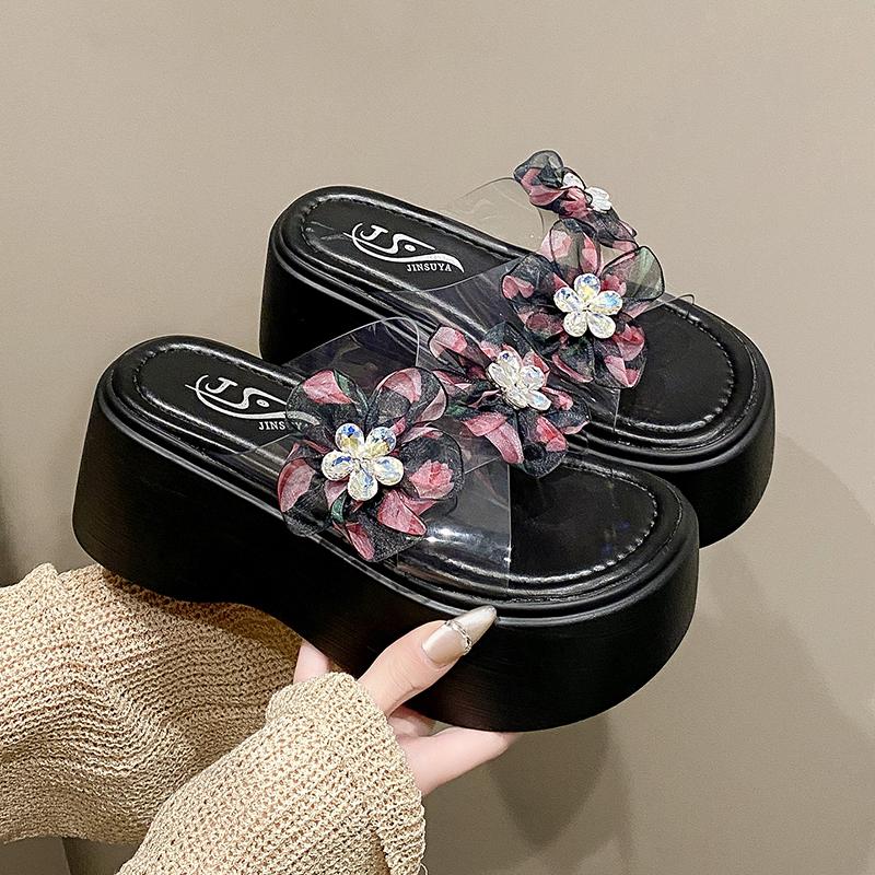Fashion 8CM New Women Summer Wedge Sandals Transparent Crystal Chunky Platform Slippers Shoes Woman PVC Flower Thick Bottom Sandalias