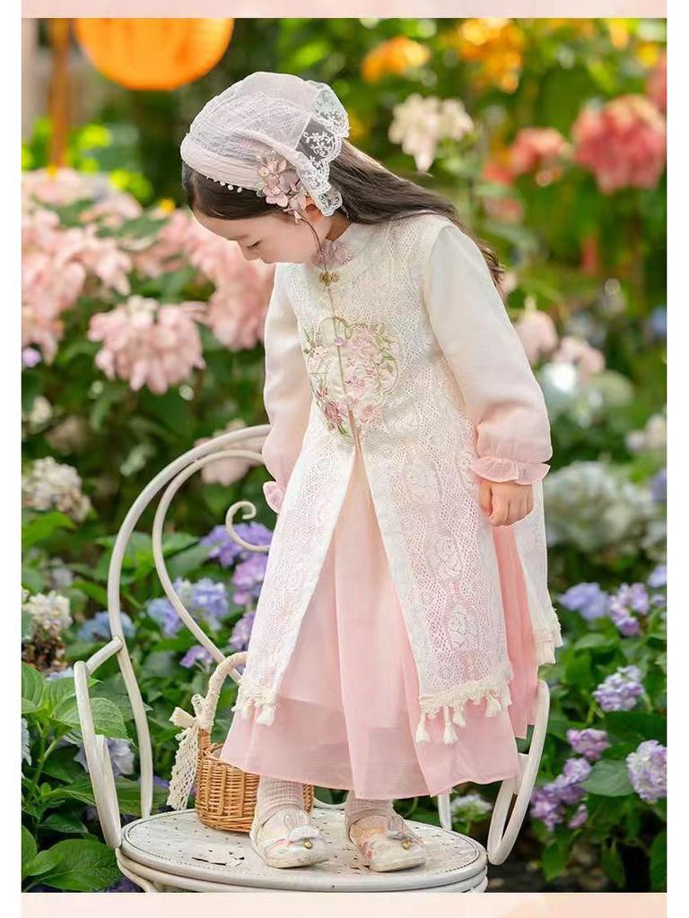 Spring & Autumn 2025 Hanfu Vest Dress Set: Fairy Princess Chinese Style for Girls