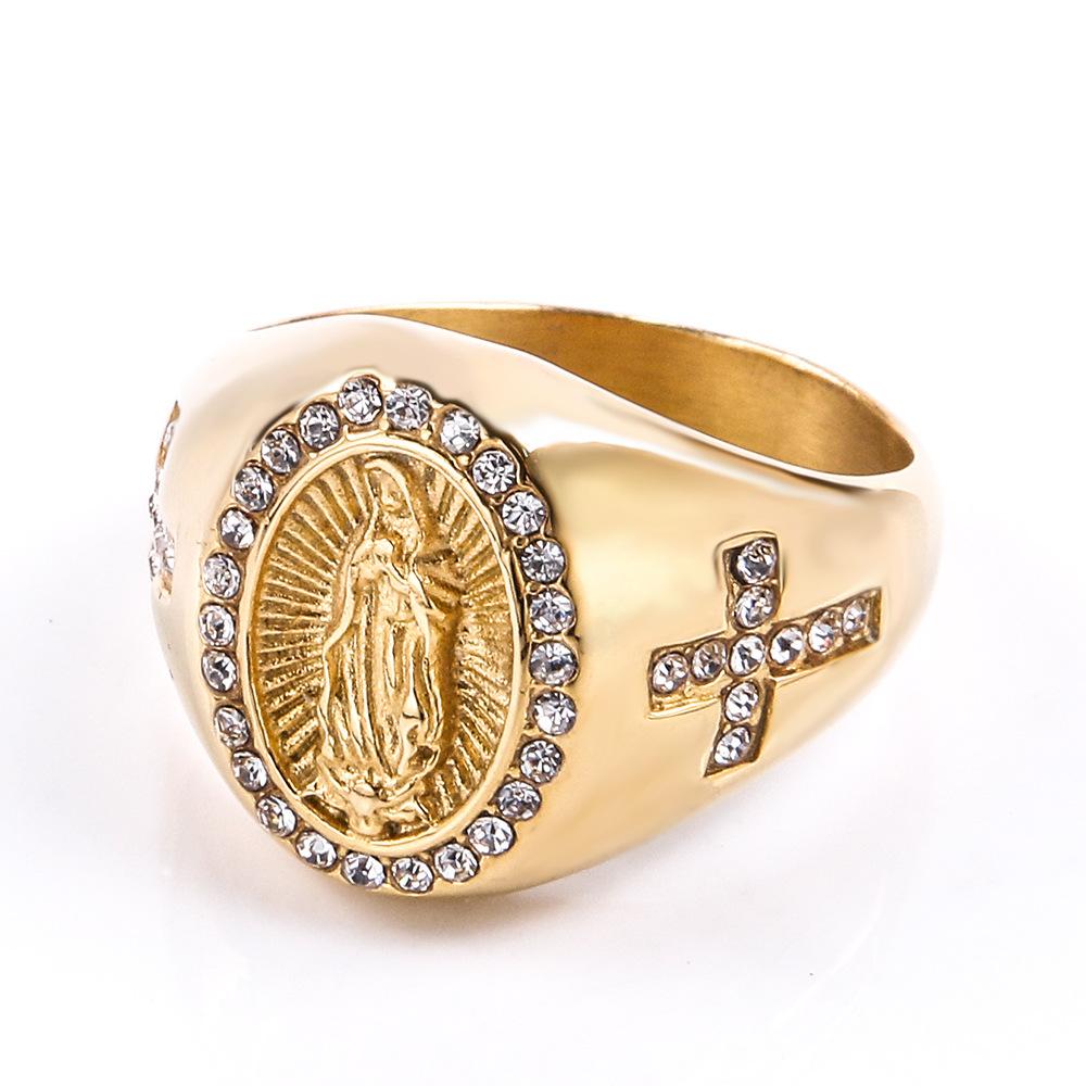 Vintage Katholischer Jungfrau Maria Kreuz Edelstahl Ring Gold Silber Farbe Religiöser Stil Herrenring Gebetsschmuck Geschenk