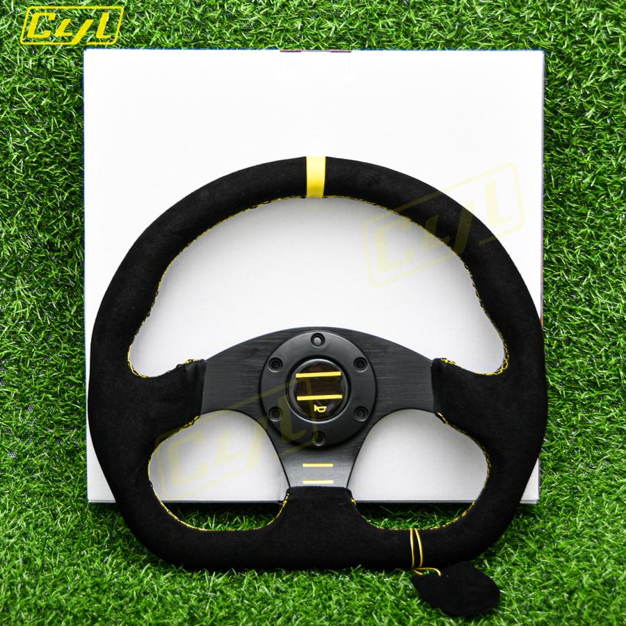 JDM Modified Racing Type D 13  320mm Flat Drift Steering Wheel Suede Leather Sports Steering Wheel For Universal Yellow stitching