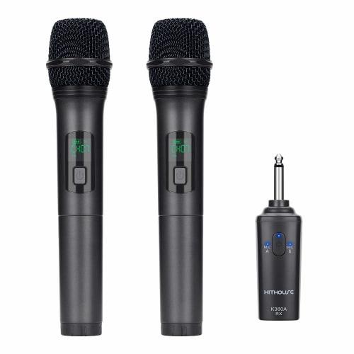 Kithouse K380A Wireless Microphone, Bluetooth Karaoke Microphone, Set of 2, LED Display, Battery-Powered, UHF 10-Channel Dynamic Microphone, 6.35mm Re