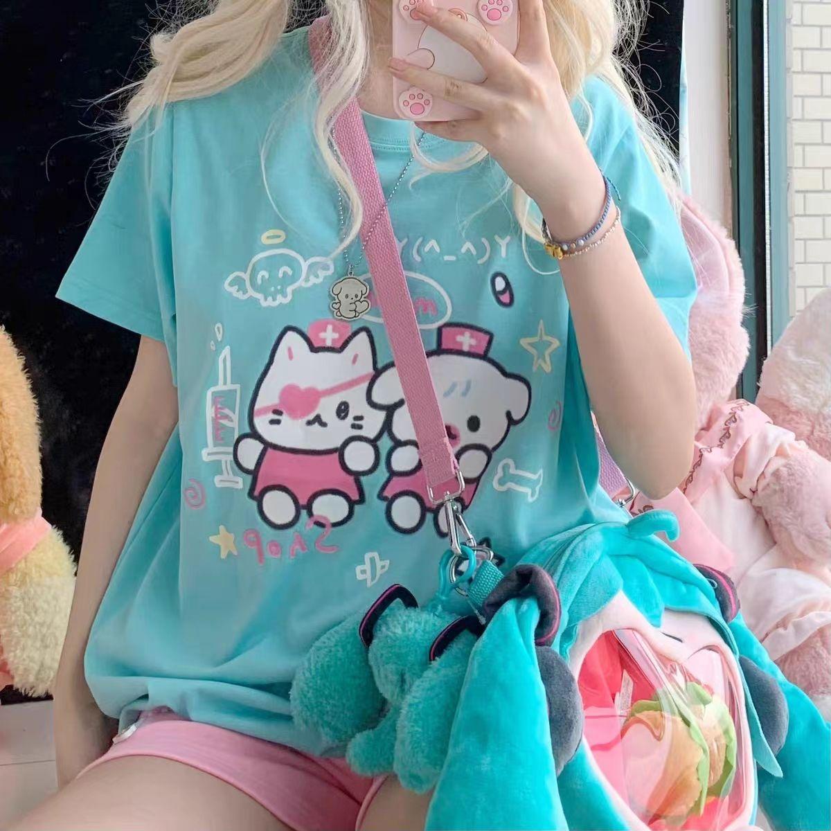 

Harajuku Sweet Kawaii футболки с короткими рукавами, новые летние универсальные топы с круглым вырезом, женские свободные футболки средней длины Y2k E-Girl S синий