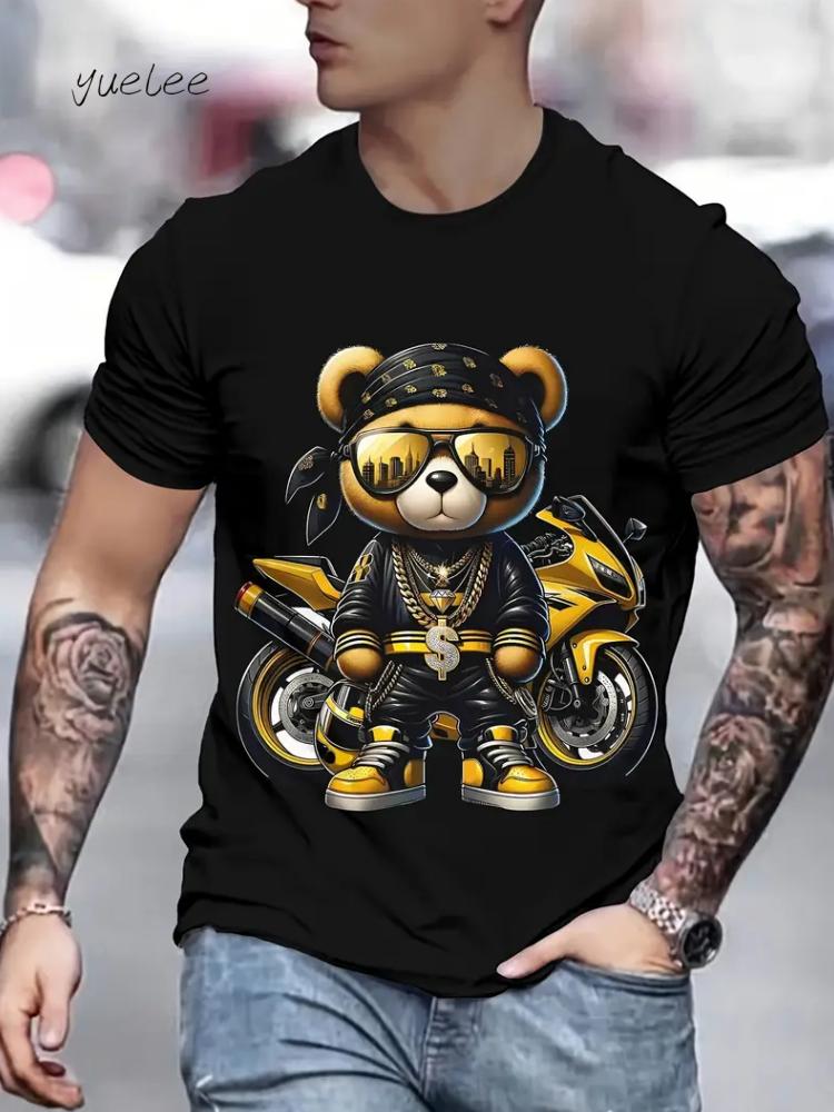 Hip Hop Bear Print Men s Clothing Summer Street Breathable Men s T-Shirt Fashion Graphic Men Short Sleeve Trend O-Neck Men s Top S