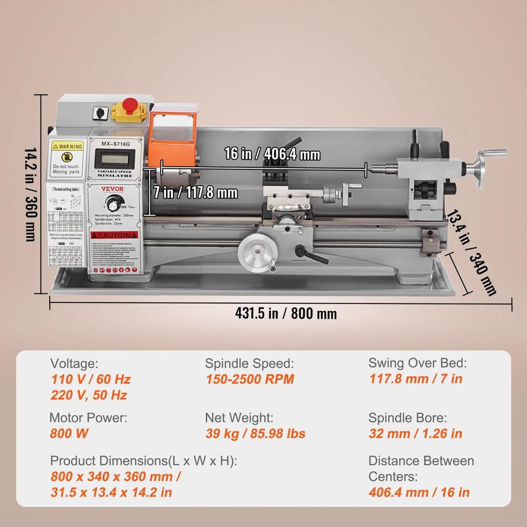 Mini Metal Lathe Machine, 7'' x 16'', 800W Precision Benchtop Power Metal Lathe, 150-2500 RPM Continuously Variable Speed, with 3.9'' 3-jaw Metal