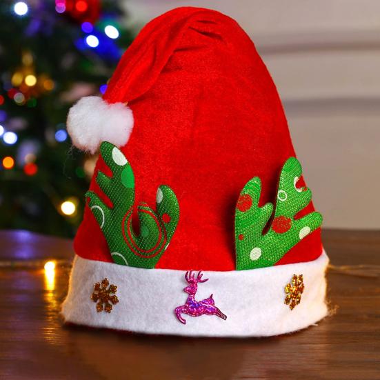 Christmas Hat Children Red Velvet Santa Hat with Cartoon Antler Pattern Decoration Festive Holiday Party Supplies