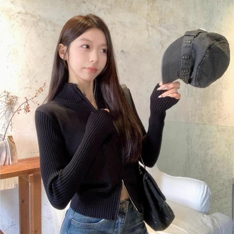 

Новый тонкий, свободный и короткий элегантный вязаный кардиган на молнии с воротником-стойкой для женщин one чёрный