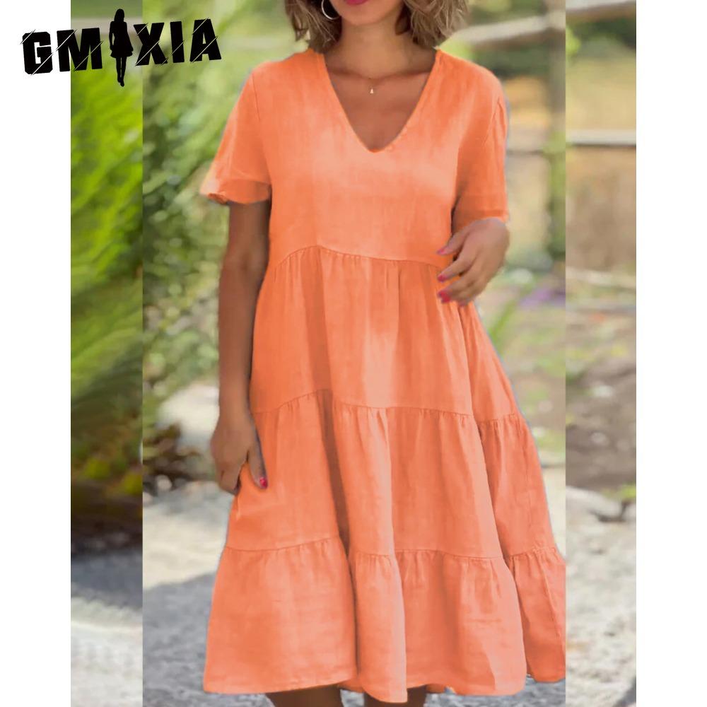 

GMXIA Женская мода Лето Весна Свежие и милые однотонные принты с коротким рукавом V-образным вырезом Большие свободные повседневные платья XXXXXL оранжевый