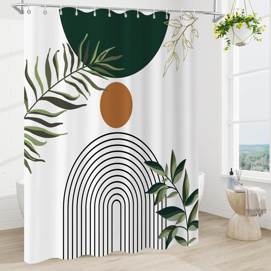 Boho Mid Century Shower Curtain,Sage Green Leaves Abstract Geometric Shower Curta for Bathroom Waterproof Fabric Bathroom Shower Curtain Set with