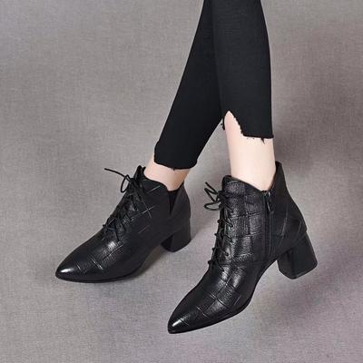 Pointed High-heeled Women's Boots Autumn and Winter New Lace-up Fashion Boots First Layer Embossed Cowhide Thick Heel Lace-up Short Boots