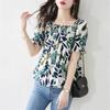 Women's Summer Short Loose Square Neck Chiffon Shirt Short Sleeve Commuter Floral Blouse