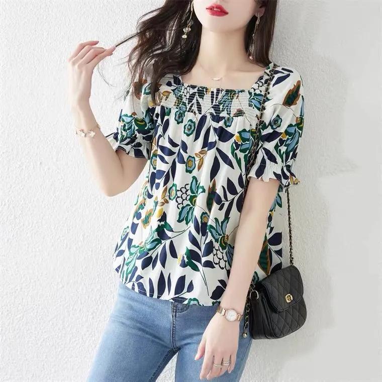 Women's Summer Short Loose Square Neck Chiffon Shirt Short Sleeve Commuter Floral Blouse