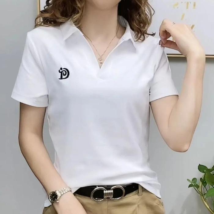 Fashion Polo T Shirt Women Short Sleeve Summer V Neck Letter Pullover Soft Green Knitted Tees Female Clothing Large Size Ladies