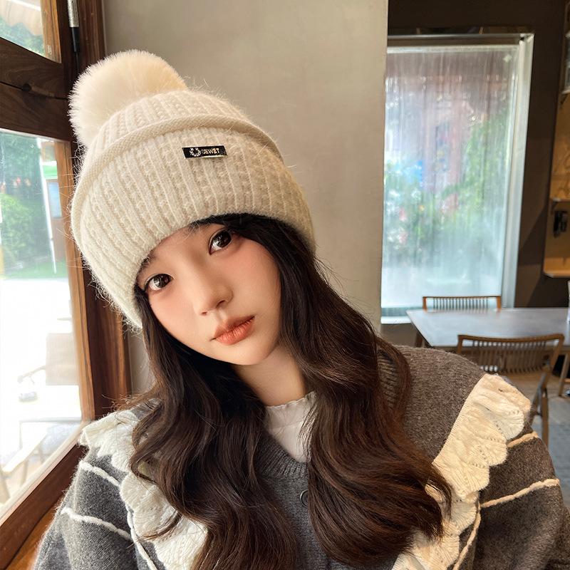 Damenmütze Strickmütze Herbst Winter Koreanische Edition Warme Kältemütze Bommel Ohrenschützer Kältemütze