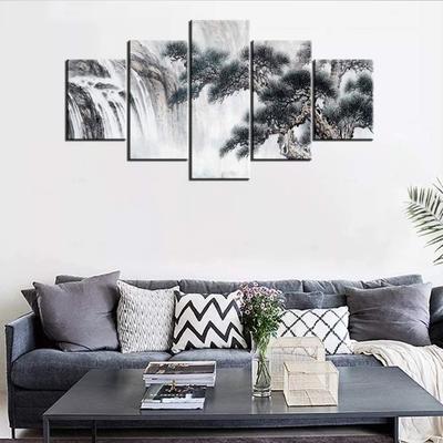 5Pcs Pine Waterfall Chinese Style Ink Wash Landscape 5 Pieces Canvas Art Poster No Framed Modern Abstract Pictures Paintings