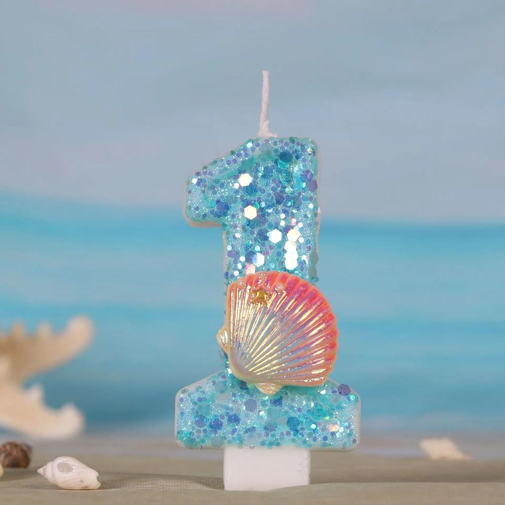 Ocean Mermaid Cake Number Candles 0-9 Blue Cake Topper with Sequins Girls Birthday Party Cake Decoration Supplies Boy Shell Gift