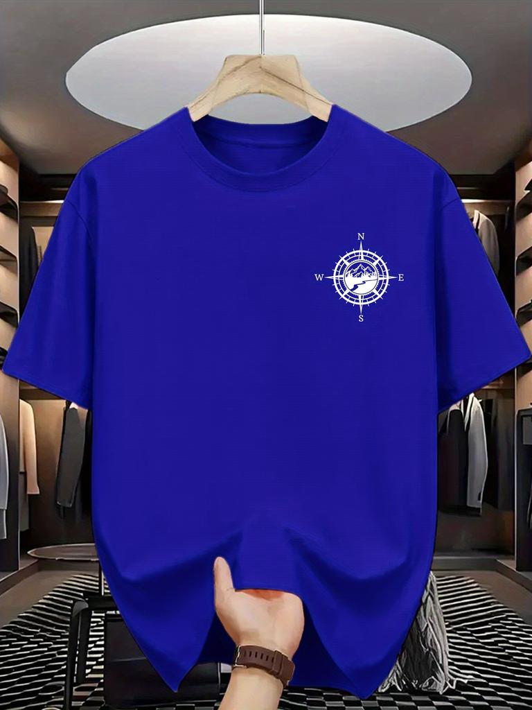 Unisex O Neck Tee Mountain Compass Navigation Mini Print Cotton Short Sleeve Loose Summer Breathable Daily Casual Basic Wear Top