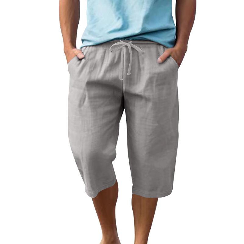 Summer Men's Loose Simple Solid Color Casual Linen Breathable Sports Beach 7-point Shorts