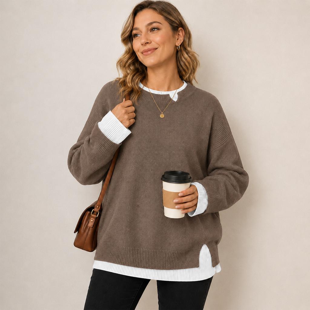 Women's Double Layer Collar Knit Pullover Sweater