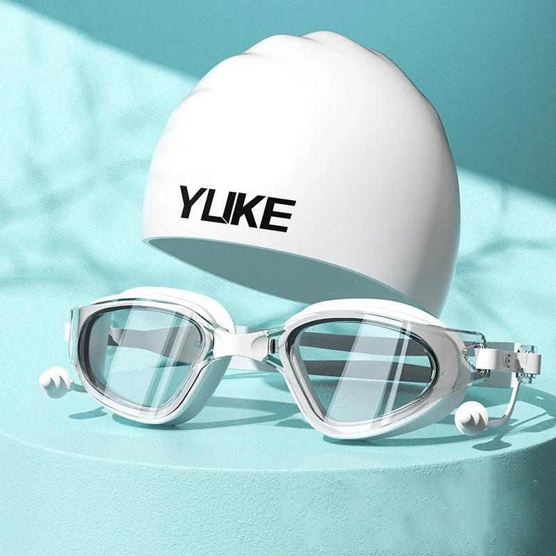 Adult Swim Goggle Cap Unisex HD Anti-fog Swimming Goggle Set Waterproof Silicone Swim Glasses with Earplugs Anti-UV Swim Eyewear