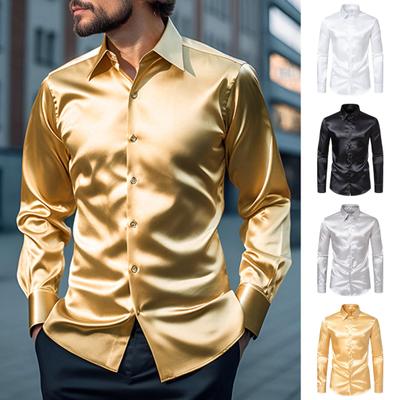 Men Silk Like Satin Shirt Long Sleeve Casual Slim Fit Dress Shirt