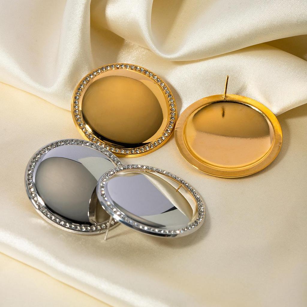 18k Gold-Plated Stainless Steel Diamond Inlaid Round Disc Earrings