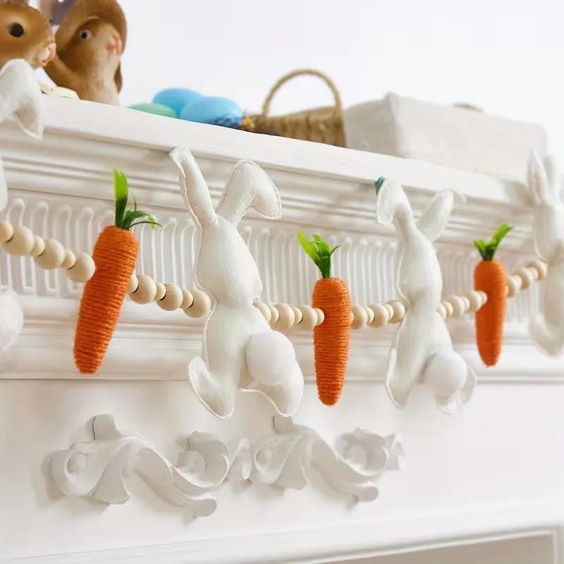 1-5PCS 2026 Easter Bunny and Carrot Hanging Banner 2D Plastic Garland for Spring Home DecorationClassic Easter Front Door Decor