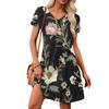 Women's Petal Short Sleeve V Neck Loose Flower  Print Swing Sundress With Pockets