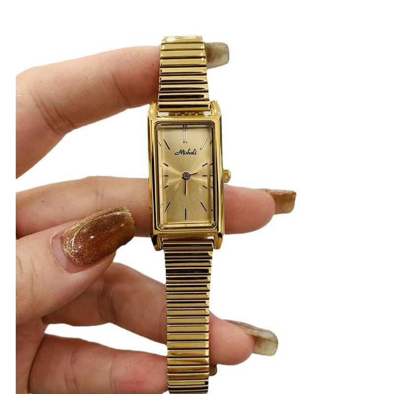 Women'S Watch Bamboo Strap Trend Watch Gold Ladies Watch Small Disc Gold Watch Square Watch